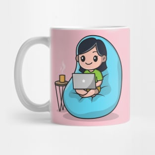 Cute Girl Working On Laptop Cartoon Mug